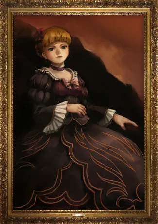 Pintura de uma mulher branca, loira de cabelos curtos e olhos azuis. Ela usa um vestido preto e vinho, com alguns detalhes dourados.