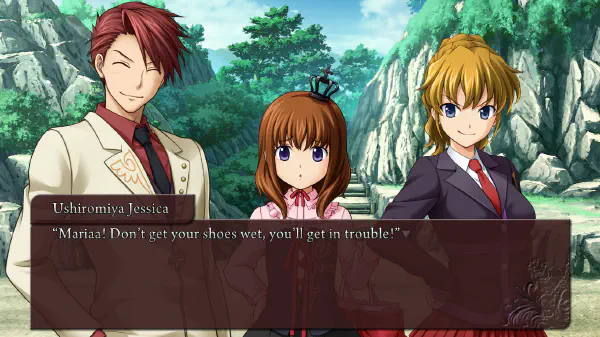 Screenshot of the game. Three characters stand at a beach: Two teenagers and a child. The teenagers are saying "Maria! Don't get your shoes wet, or you'll get into trouble!"