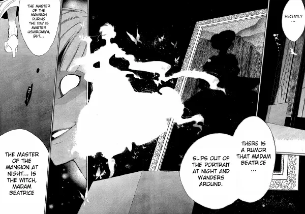 Two-page spread of the Umineko manga. From the painting picturing Beatrice comes out a ghostly figure, while on the background a character says "There is a rumour that madam Beatrice slips out of the portrait at night and wanders around the mansion..."