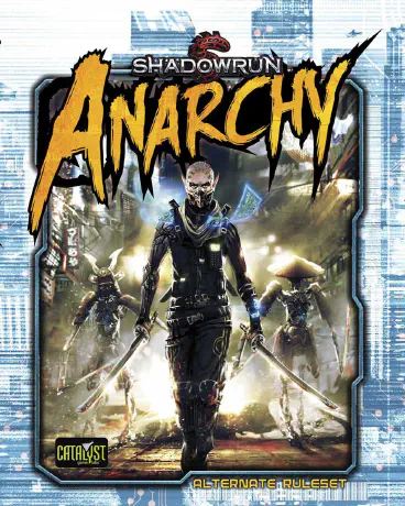 A capa de "Shadowrun: Anarchy", com um elfo segurando duas katanas.