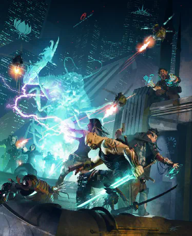 A gunfight featuring an orc-swordsman, an elf casting lighting rays and a human controlling many drones. They're all shooting at a giant ghostly insect while corporate logos loom over the buildings in the background.